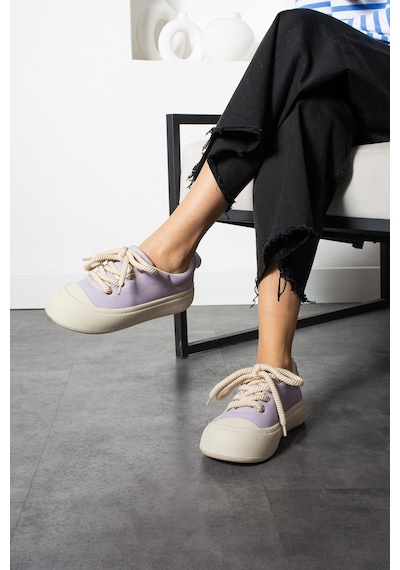 Shoetek Alyona Kadın Sneakers Halat Bağcıklı Spor Ayakkabı Lila Deri Gri Cilt Gri