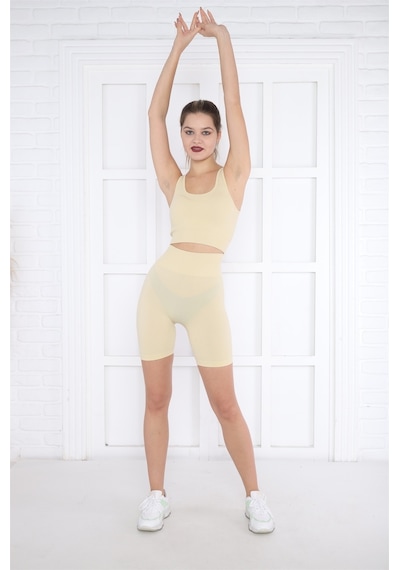 Escetic Kadın Spor Bej Toparlayıcı, Yüksek Bel Fitnes Bra Şort-tayt Takım-4314 - Xs