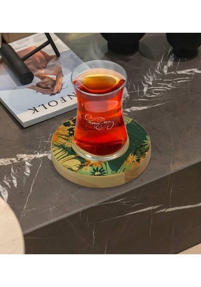 Kişiye Özel Çiçekler Tasarımlı Doğal Ahşap Tabaklı Heybeli Çay Bardağı Model 7