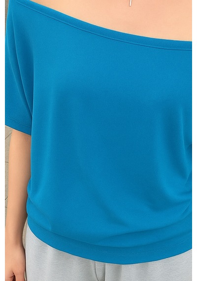 Koyu Mavi Kadın Düşük Omuz Kayık Yaka Oversize T-shirt Çok Renkli