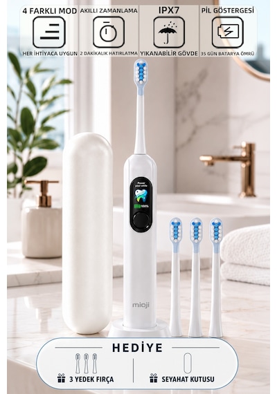 Mioji Oral B8 Care Şarj Edilebilir Diş Fırçası Beyaz + 3 Yedek Başlık ve Taşıma Çantası