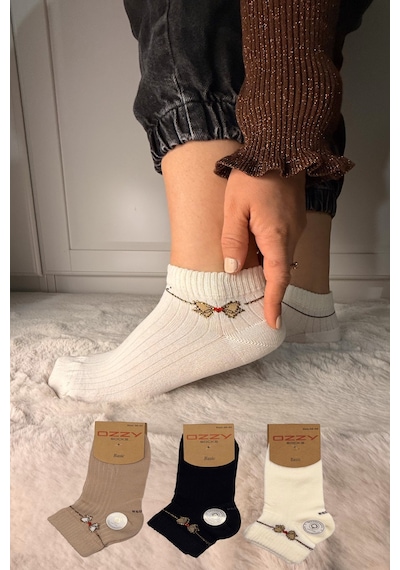 Ozzy Socks 3 Çift Kadın Taş Detaylı Dikişsiz & Takviyeli Patik Çorap Siyah