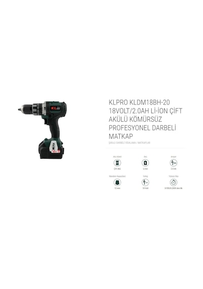 Kl Pro KLDM18BH-20 18 V 2.0 Ah Li-ion Çift Akülü Kömürsüz Profesyonel Darbeli Matkap Kl Pro KLDM18BH-20 18 V 2.0 Ah Li-ion Çift Akülü Kömürsüz Profesyonel Darbeli Matkap