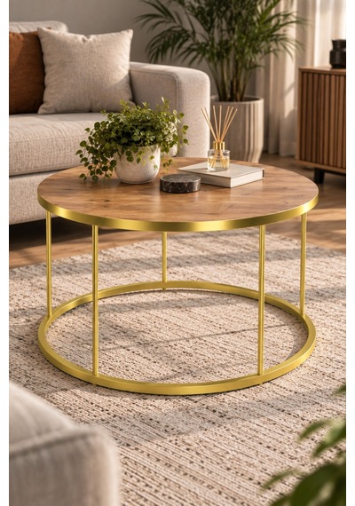 Sulorahome Gold Ayaklı Ceviz Desenli Yuvarlak Orta Sehpa Altın - Ceviz