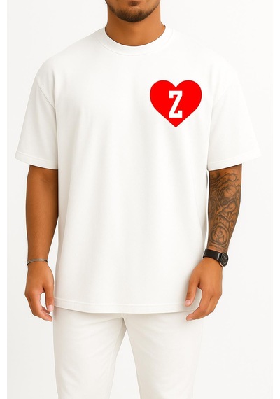 Bahriyeli Collection Oversize Kalp İçinde Z Harfi Cep Tasarımlı Unisex T-shirt Beyaz