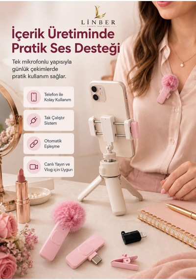 Pembe Kablosuz Yaka Mikrofonu Tekli Tak Çalıştır, İos Uyumlu, 6-8 Saat Kullanım 1 Adet Pembe Pembe