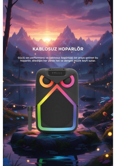 Bluetooth Hoparlör Baykuş Görünümlü 50w Rgb Led Işıklı Kablosuz Mikrofonlu Taşınabilir Karaoke Speaker