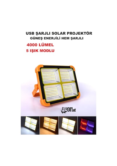 Şarjlı Hem Güneş Enerjli Solar Projektör 4000 Lümel 5 Işık Modlu Lamba Fener Solar Panel Portatif