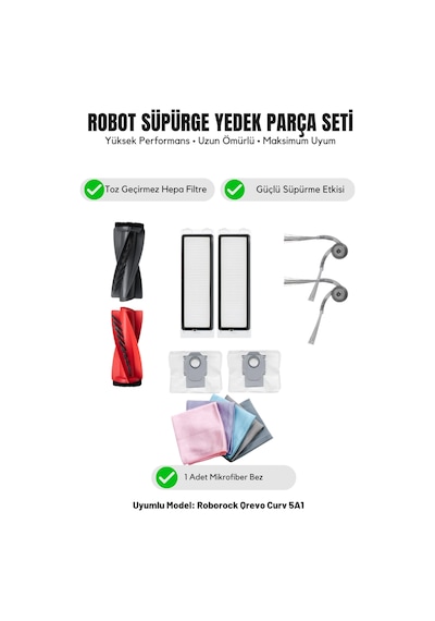 Roborock Qrevo Curv 5a1 İle Uyumlu 1 Ana Fırça 2 Yan Fırça 2 Filtre 2 Toz Torbası 1 Temizlik Bezi 15.0
