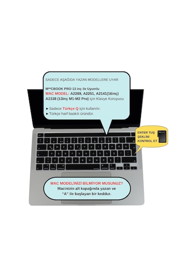 Macbook Pro Türkçe Q Klavye Koruyucu Silikon Eu Uk Iso Enter Touch Bar Uyumlu 13 İnç A225
