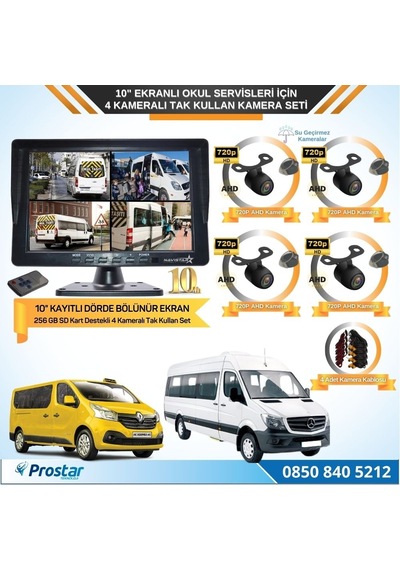 Kayıtlı 10" Dörde Bölünebilir 4 Kameralı Ahd 720p Okul Servisler