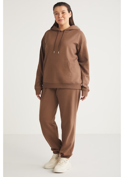 ETHIQUET TEREZABB Kadın Içi Polarlı Yumuşacık Comfort Fit Kapüşonlu Kanguru Cep Kahverengi Büyük Beden Sweatshirt