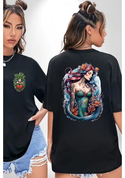 Deniz Kızı Çiçek Siyah Oversize Unisex Ön Ve Sırt Baskılı Tişört Siyah