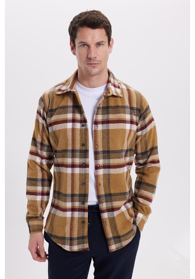 Tudors Erkek Slim Fit Dar Kesim Kareli Kışlık Oduncu Gömlek-42121 Bej