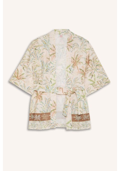Defacto Regular Fıt Desenli Kuşaklı Kimono D0453ax26sper103 Ekru-er103