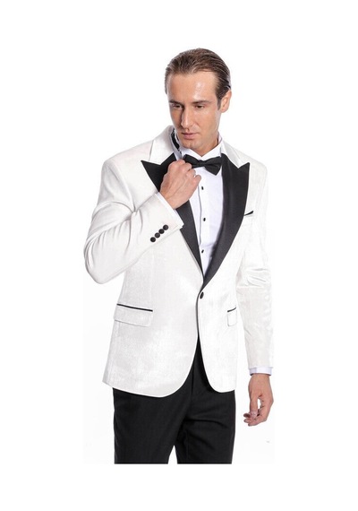 Wessi Kadife Slim Fit Beyaz Erkek Smokin Ceketi Beyaz
