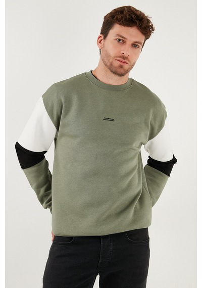 Buratti Pamuklu Relaxed Fit Bisiklet Yaka Şardonlu Renk Bloklu Erkek Sweat 5905298T Haki