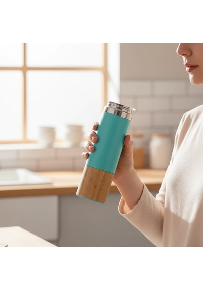 600 Ml Bambu Tabanlı Kulplu Çelik Termos Mug - 5 Renk Seçenekli Sıcak/soğuk Tutucu Seyahat Bardağı Turkuaz Diğer