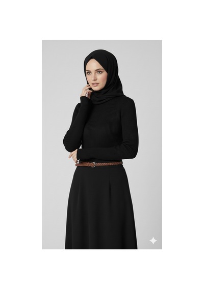 Sonbaharmoda Kadın Boğazlı Likralı Triko Badi Parmak Geçmeli Kol, Tek Beden,100% Akrilik Siyah