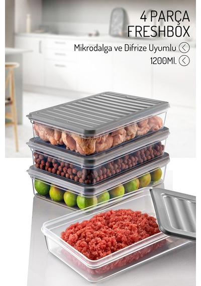 4 Adet 1200ml. Freshbox Saklama Kabı Seti - Mikrodalga Ve Difrize Uyumlu Gri