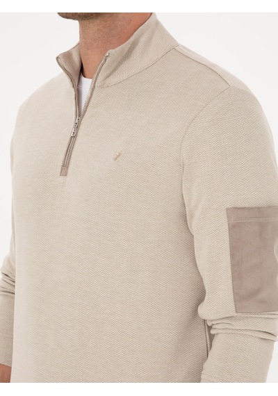 Bej Regular Fit Yarım Fermuarlı Sweatshirt