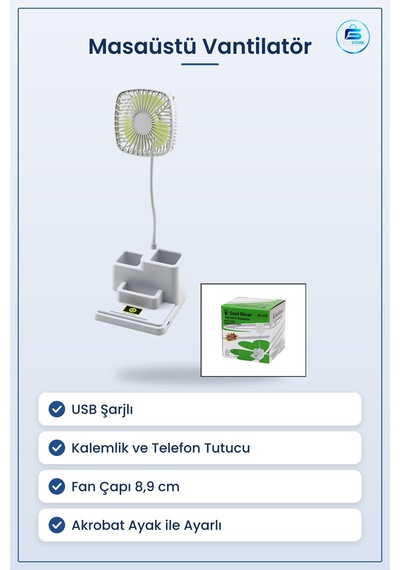 Masaüstü Vantilatör Usb Şarjlı Kalemlik Ve Telefon Tutuculu Mini