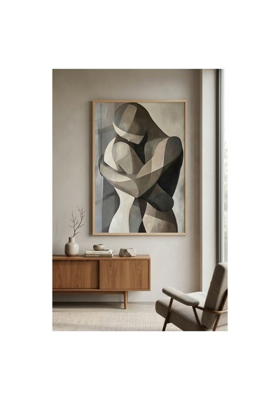 Doğal Ahşap Çerçeveli Soyut Sarılan Çift Modern Sanat Duvar Tablosu Ahşap