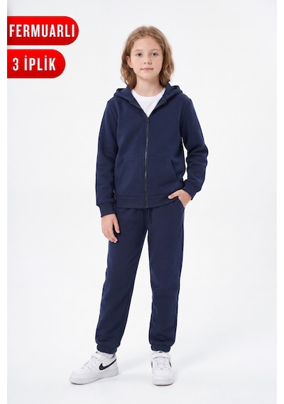 Fyk Kids 3 İplik Düz Fermuarlı Kız Çocuk Eşofman Takımı Lacivert