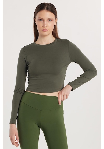 Tudors Kadın Slim Fit Pamuklu Uzun Kol Düz Bisiklet Yaka Haki Bluz-33485 haki