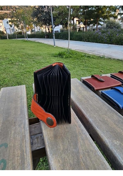 Hakiki Deri Akordiyon Cüzdan Kartlık Turuncu