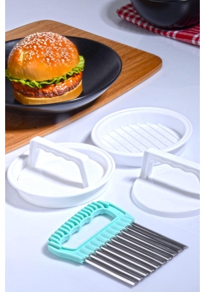 Porselen Diyarı 3'lü Set - 2 Adet Hamburger Ve Köfte Kalıbı Şekillendirici Ve Şekilli Patates Dilimleyici