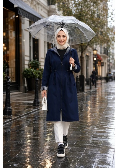 Hb Harma Time Butik Kadın Kapüşonlu Fermuarlı Ara Boy Bondit Kumaş Lacivert Trenç
