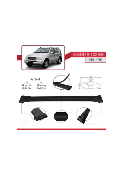 Mercedes M Class W163 1998-2005 Arası İle Uyumlu Fly Model Ara Atkı Tavan Barı Siyah 3 Adet Bar