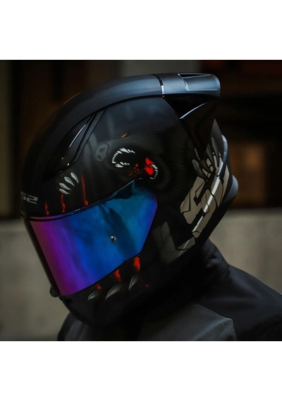 Spoiler + Gökkuşağı Vizör + Ls2 Rapid 2 Clawn Race Motosiklet Kaskı Gri - Siyah