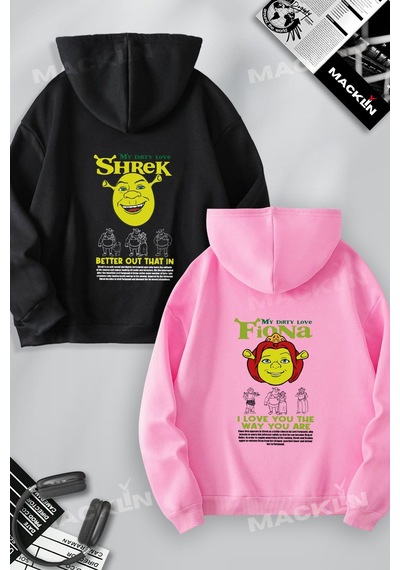 Macklin Sevgili Çift Kombini Shrek And Fioana Sırt Baskılı Kapüşonlu Sweatshirt 2li Takım Siyah Pembe Mck1495 Çok Renkli