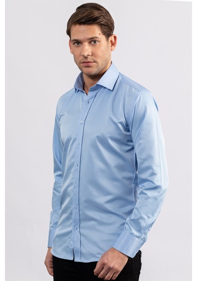 Tudors Modern Slim Fit Düz Saten Erkek Gömlek-23056 Mavi