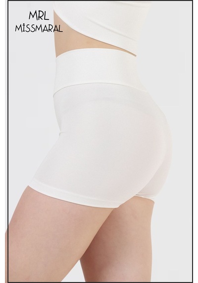 Missmaral Kadın Ekru Comfort Fit Yüksek Bel Toparlayıcı Mini Şort Boxer Likralı Kumaş Havuz Deniz Spor Ekru