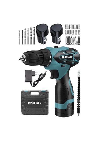 Steiner 36 V Sjs Çift Metal Şanzıman Çift Akülü Şarjlı Vidalama Matkap + 24 Parça Set Mavi