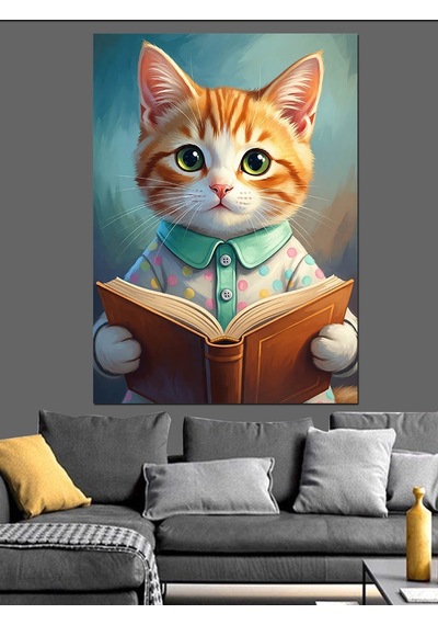 Ahşap Tablo Kitap Okuyan Sevimli Kedi