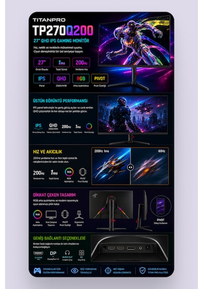 Tp270q200 27" 1ms 200hz 2k Ips Qhd Srgb Dahili Hoparlörlü Pivot Gaming Oyuncu Monitör