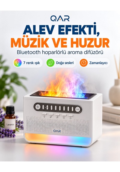 Alev Efektli Aroma Difüzör Beyaz Gürültü Sesli Hoparlörlü 7 Renk Led Işıklı Dekoratif Hava Nemlendirici Buhar Makinesi Ses Seviyesi Ayarlı