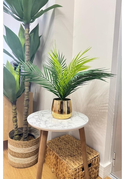 Yapay Çiçek Palmiye Areka Yapay Bitki Gold Metal Saksı Salon Çiçeği 9 Yaprak 50cm