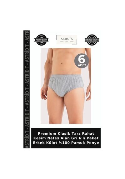 Astrid T Premium Klasik Tarz Rahat Kesim Nefes Alan Gri 6'lı Paket Erkek Külot %100 Pamuk Penye