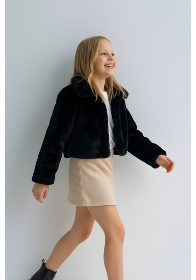 Esila Kids Kız Çocuk Bolero Peluş Ceket İnci Kapamalı Uzun Kollu Çocuk Ceket Siyah