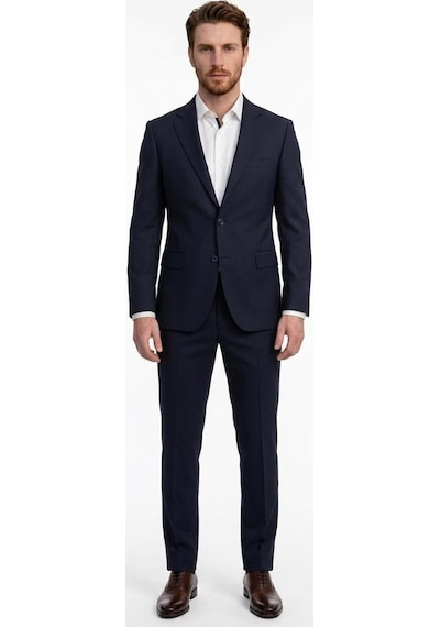 Uki Lacivert Comfort Fit , Mono Yaka, 2 Düğme Çift Yırtmaç Çizgili Klasik Takım Elbise