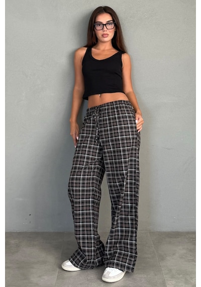 Madmext Siyah Lastikli Bel Geniş Paça Ekose Pantolon Mg2658