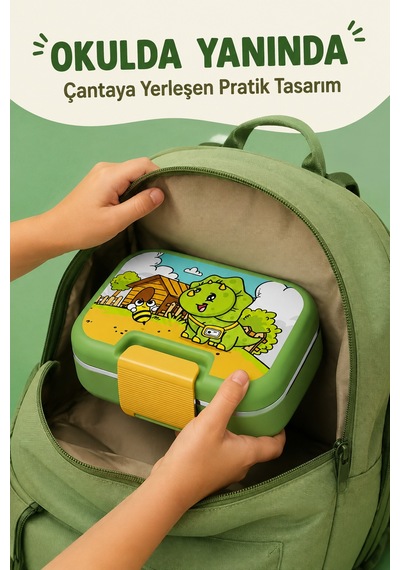 Happi Dinozor Paslanmaz Çelik Bölmeli Beslenme Kutusu 1030 Ml Çatal Kaşık Dahil Yeşil