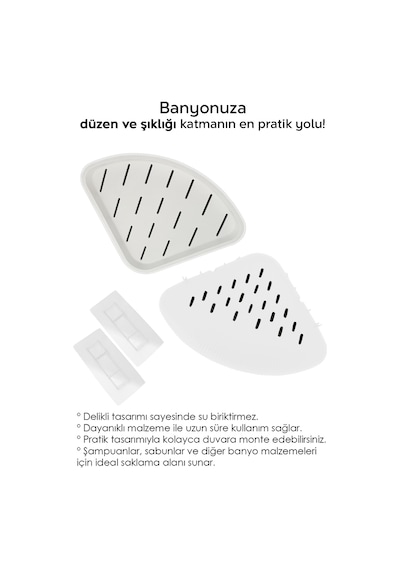 2 Adet Yapışkanlı Banyo Düzenleyici Duş Rafı - Şampuanlık Sabunluk Banyo Köşeliği Köşe Rafı Beyaz Beyaz