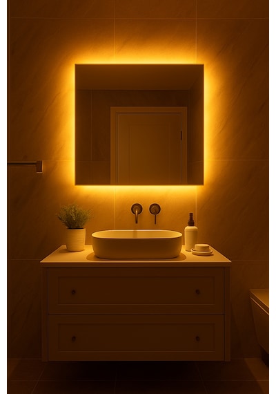 Digital Hayat Amber Led Işıklı Kare Ayna Dekoratif Banyo Makyaj Aynası Koyu Sarı Koyu Sarı