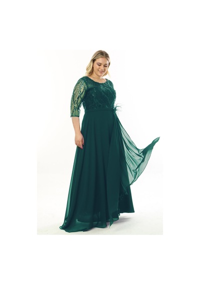 Ladies First Büyük Beden 3855 Zümrüt Uzun Abiye Elbise 001